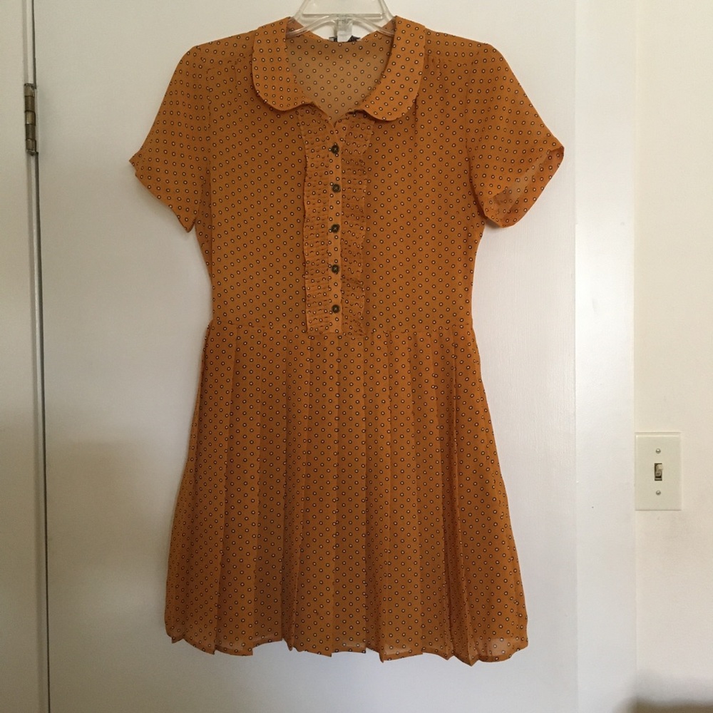 Mustard polka dot dress with Peter Pan collar